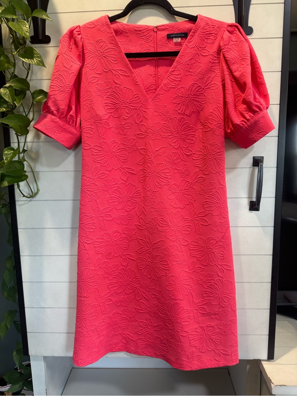Tommy Hilfiger Coral Pink Textured V-Neck Puff Sleeve Dress